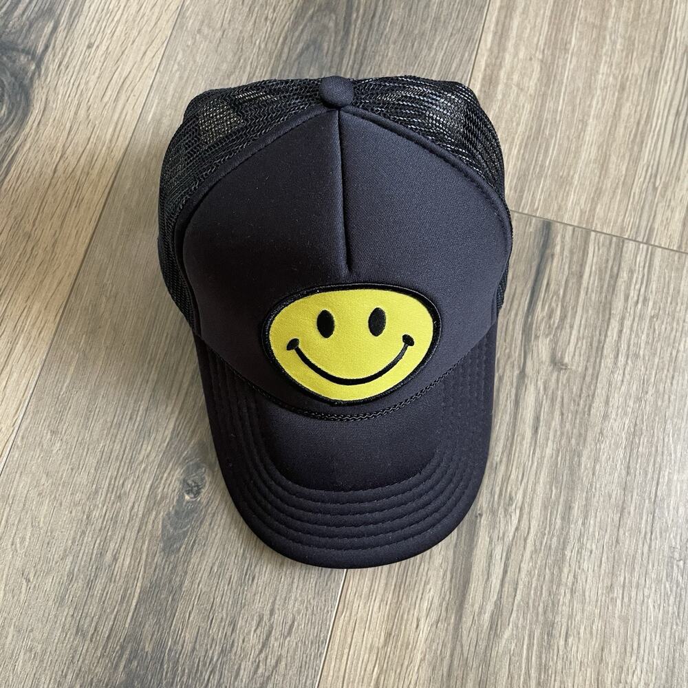 Aviator Nation Smiley Face Snapback Mesh Back Trucker Hat Black Yellow EUC - Picture 2 of 9